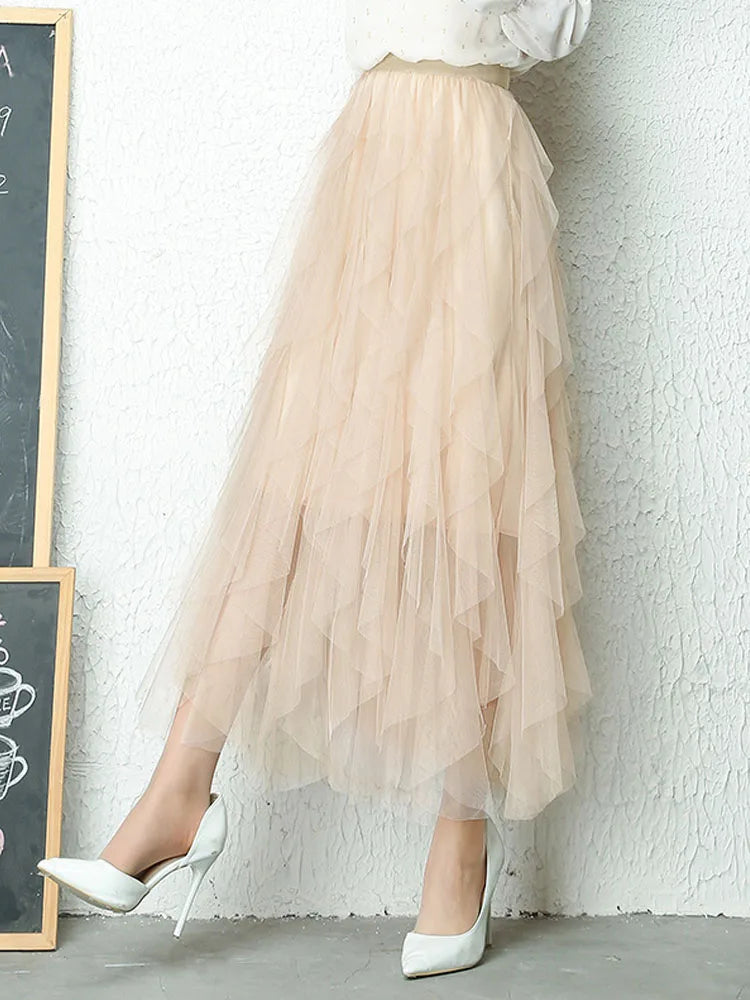 jupe féminine tulle élégante bleu clair noir rose pâle translucide plissée haute élasticité coton