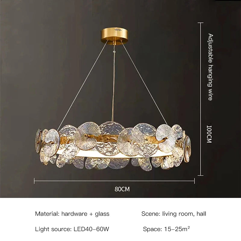 suspension lumineuse moderne dorée transparente disques circulaires texture rugueuse contemporaine élégante chaînes suspendues LED