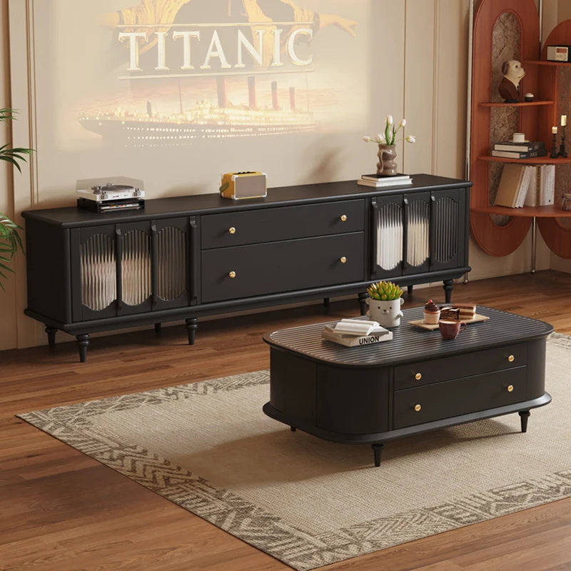 meuble bas tv rétro marron foncé tiroirs décoratifs porte gaufrée semi transparent vintage scandinave