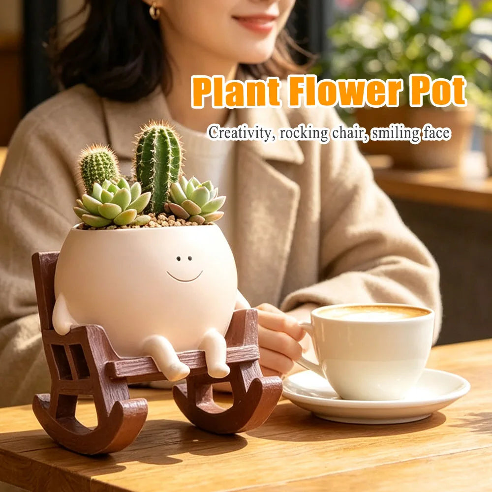 pot fleurs résine forme fauteuil bascule visage souriant cactus succulente plante araignée tournesol herbes