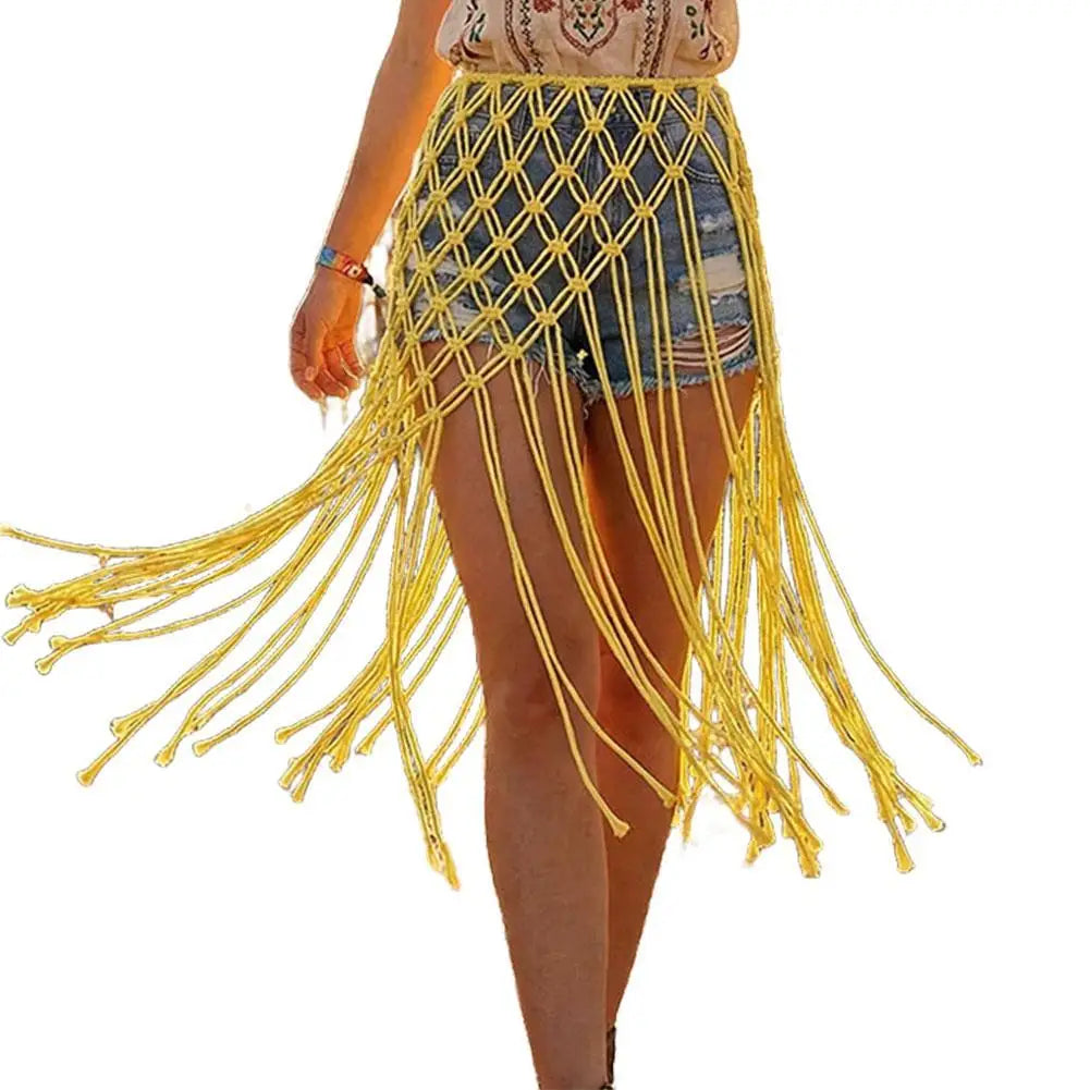 jupe boho chic jaune franges polyester femme opaque trendy