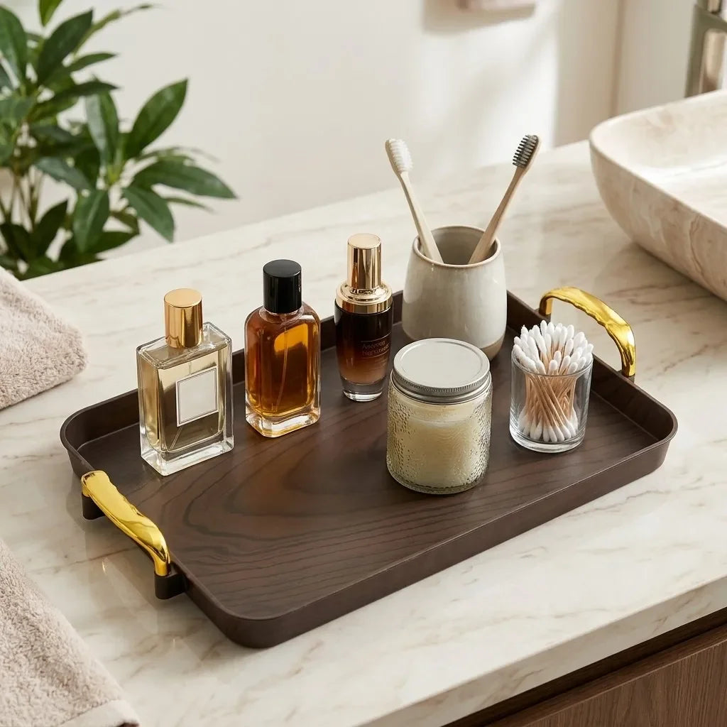 plateau rangement marron bois naturel poignées dorées boîte bijoux pots cosmétiques bouteilles lotions savon