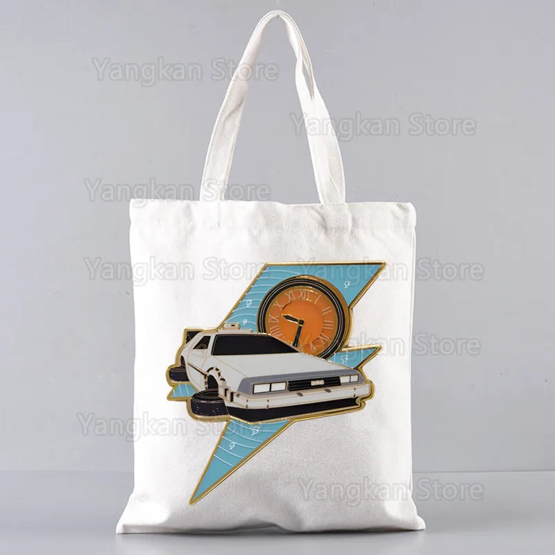sac main toile blanc imprimé retour vers futur moderne poignées