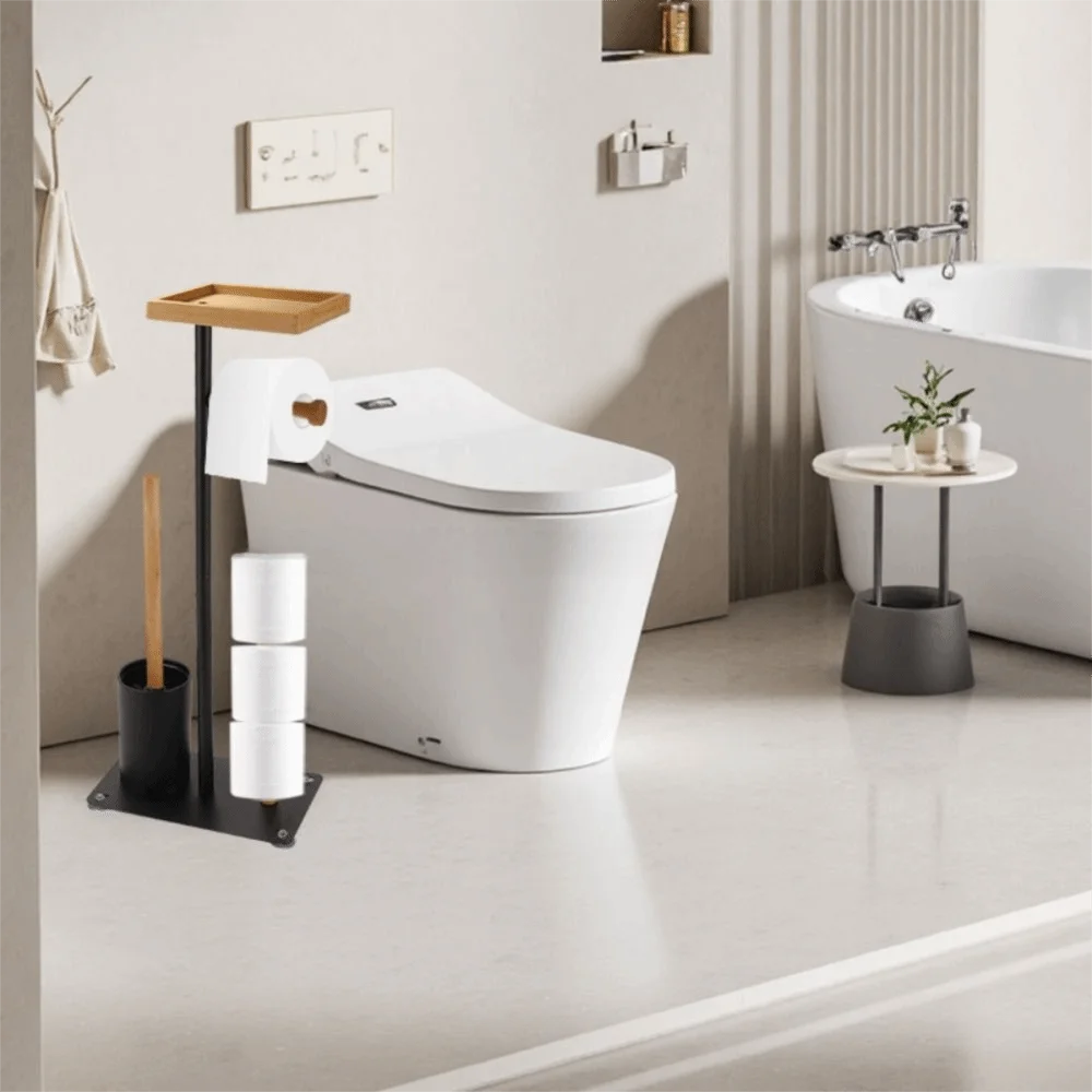 support papier toilette moderne noir blanc brosse wc plateau bois rouleaux