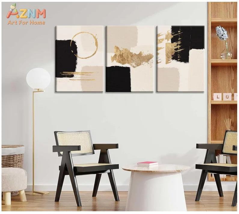 tableau abstrait contemporain beige noir doré impression toile sans cadre vertical decoration salon aquarelle