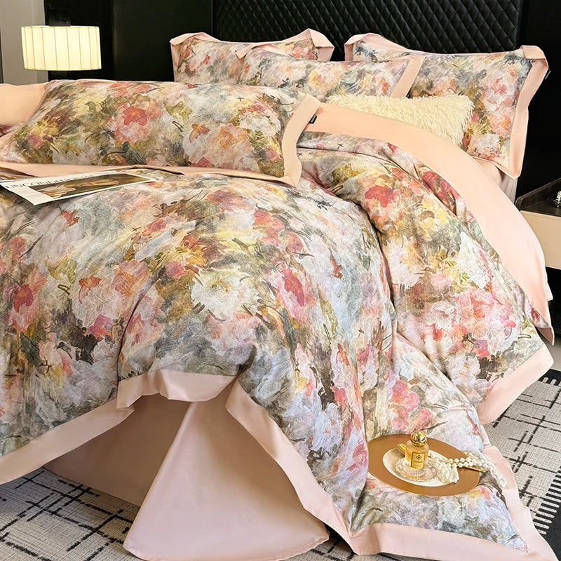 ensemble literie floral moderne 100 coton égyptien rose clair beige gris vert full king