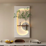 tableau mural moderne lampe led plante verte motif abstrait bois couleur beige vert marron