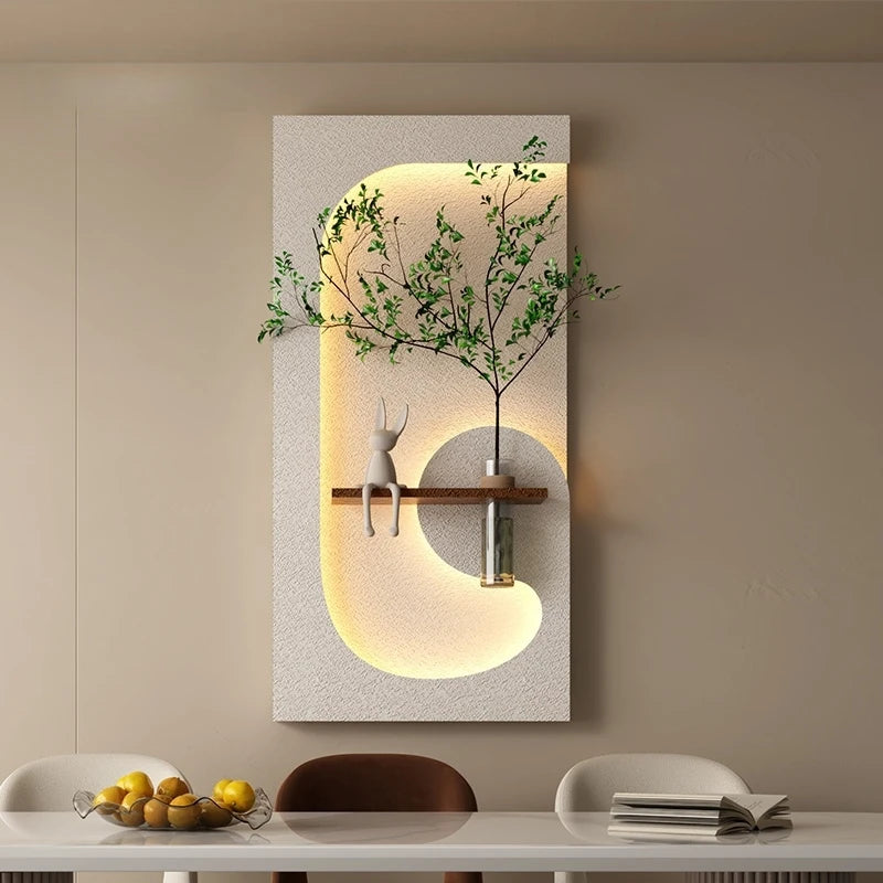 tableau mural moderne lampe led plante verte motif abstrait bois couleur beige vert marron