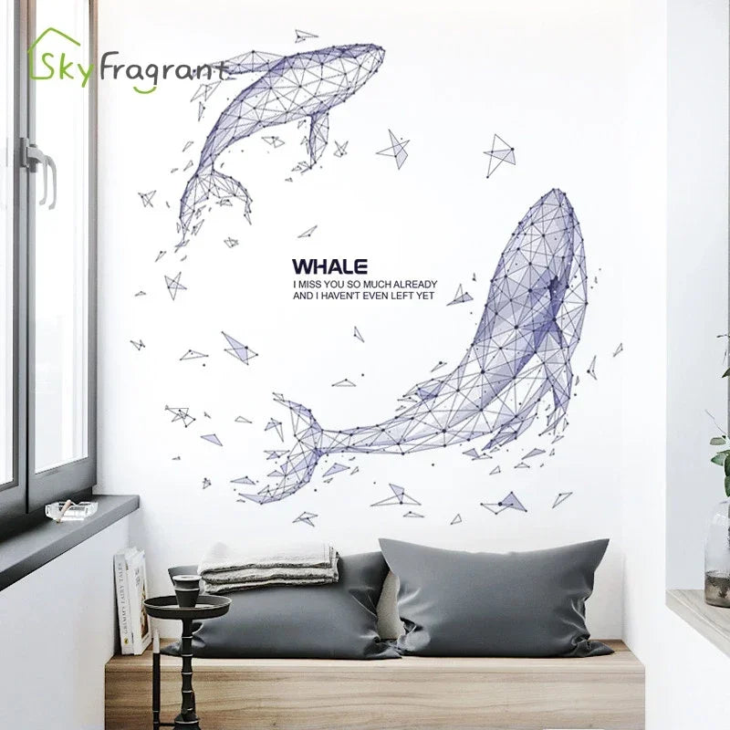 autocollant mural moderne baleine bleu gris blanc géométrique triangulaire salon chambre 60x90cm
