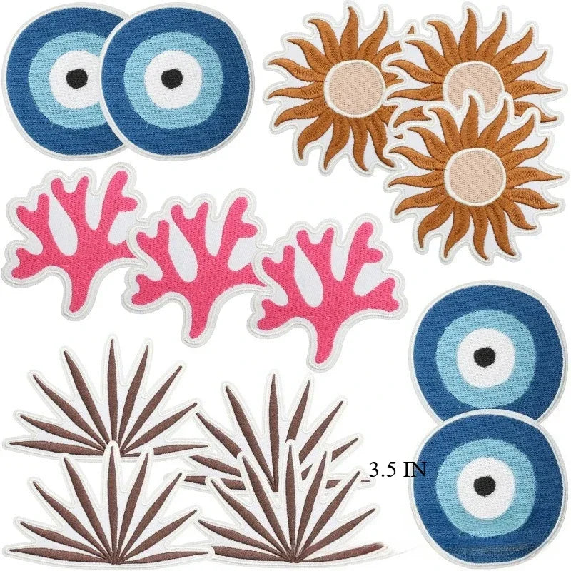patch décoratif brodé orange marron rose bleu soleil corail oeil turc écologique coton polyester