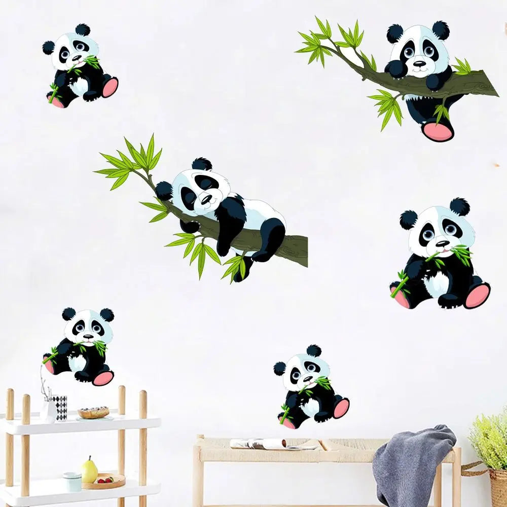 sticker mural panda bambou résistant eau dessin animé noir blanc vert rose