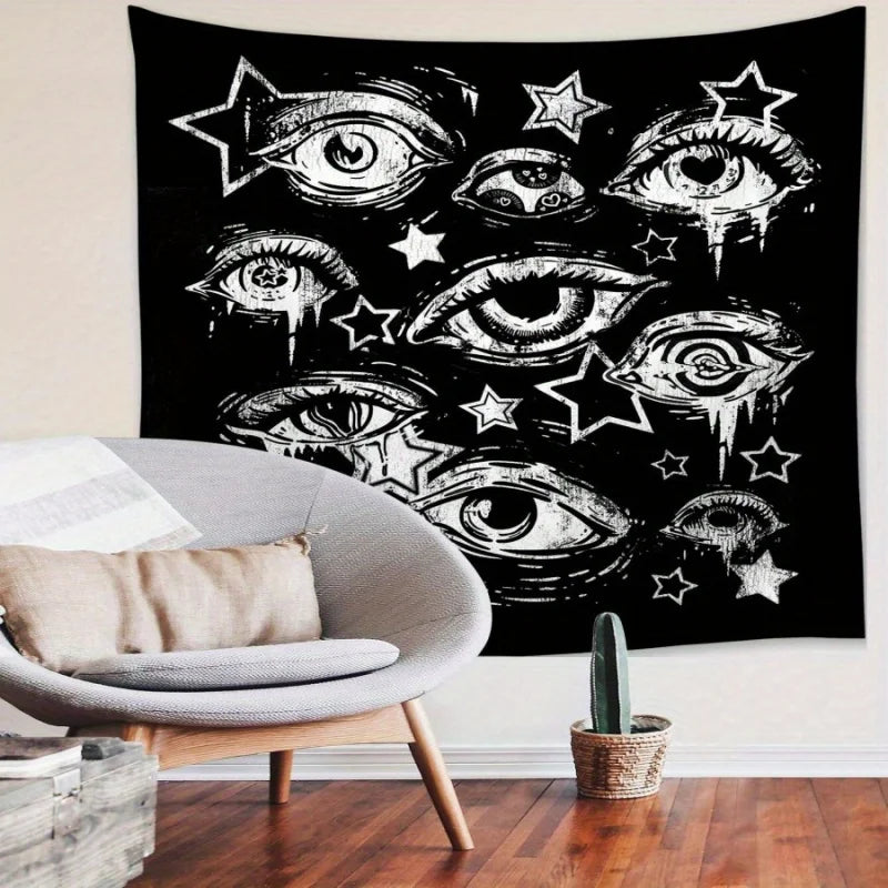 tapisserie étoiles yeux stylisés noir blanc contemporain grunge salon chambre décoration mur clips