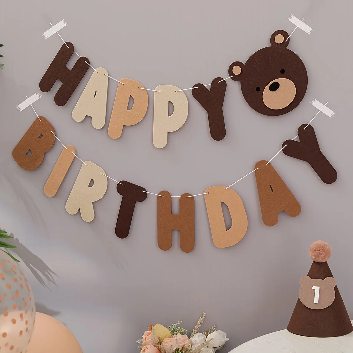 guirlande décoration anniversaire lettre happy birthday ours marron enfantin festive