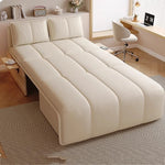 canapé lit extensible canapé moderne simili cuir beige clair coussins tablette intégrée tapis