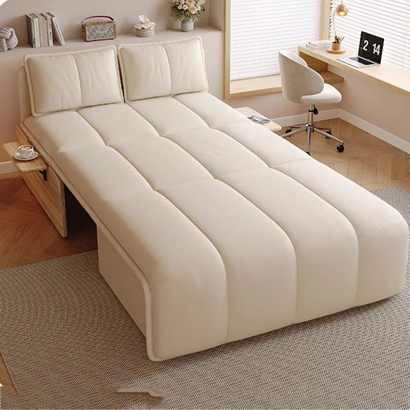 canapé lit extensible canapé moderne simili cuir beige clair coussins tablette intégrée tapis