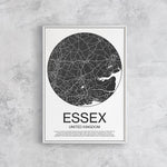 Affiche murale minimaliste et moderne représentant un plan de la région d'Essex au Royaume-Uni, avec des détails géographiques en noir et blanc sur un fond clair.