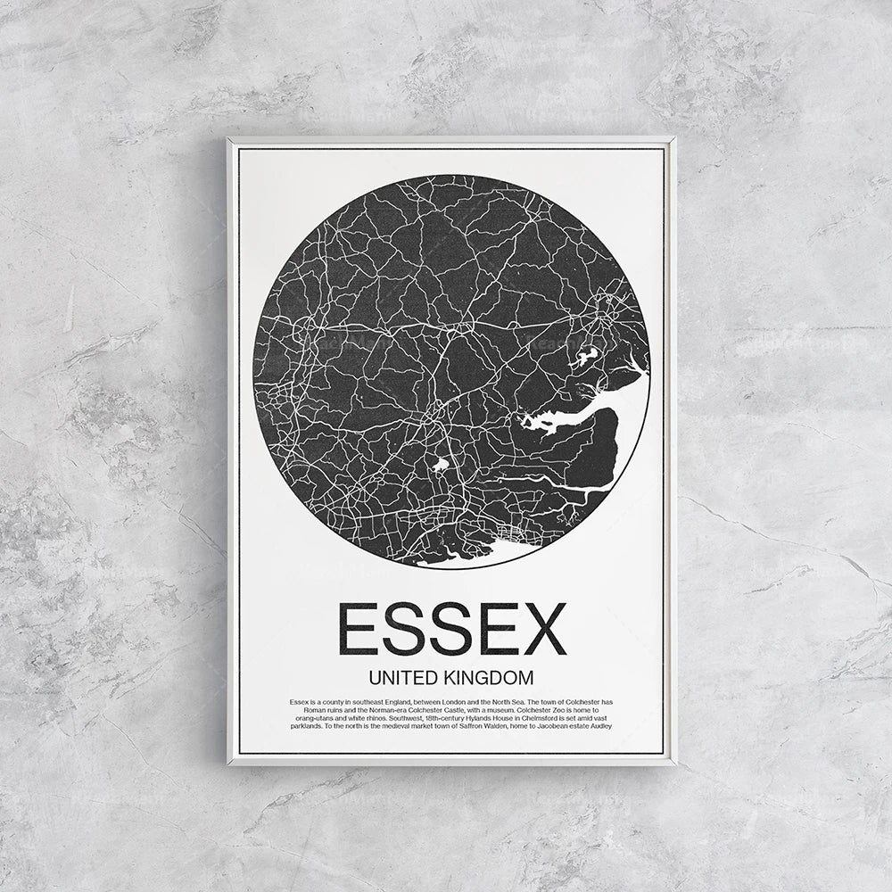 Affiche murale minimaliste et moderne représentant un plan de la région d'Essex au Royaume-Uni, avec des détails géographiques en noir et blanc sur un fond clair.