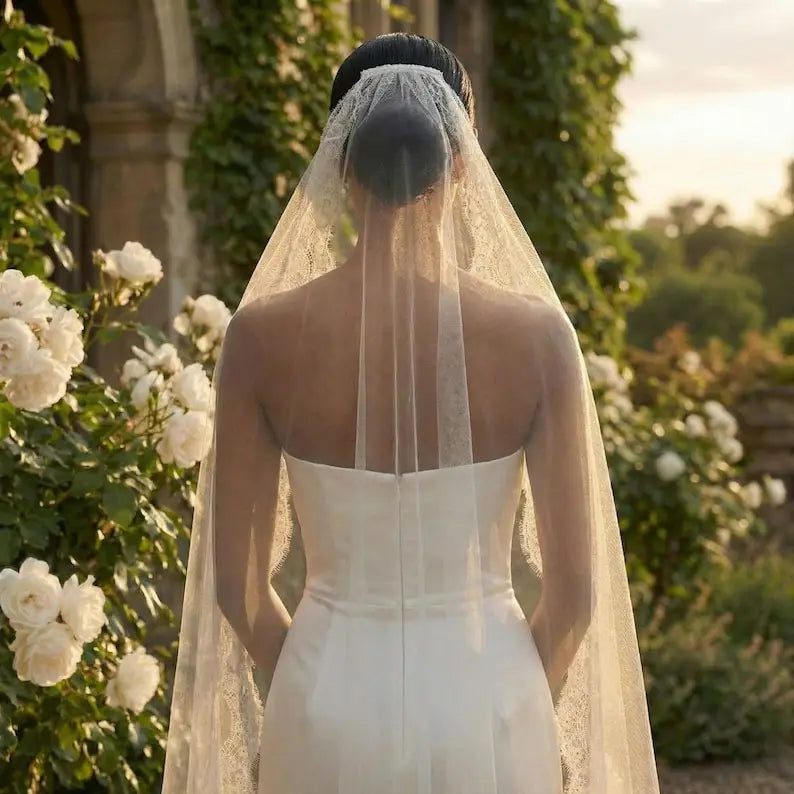 voile mariée dentelle fine motifs floraux blanc crème élégante classique monocouche translucide