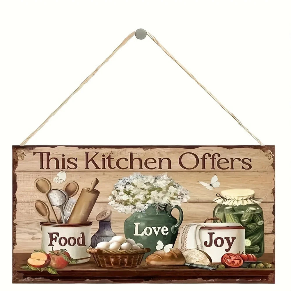 panneau decoratif mural bois vintage rustique texte kitchen offers cuillers fleurs illustrations