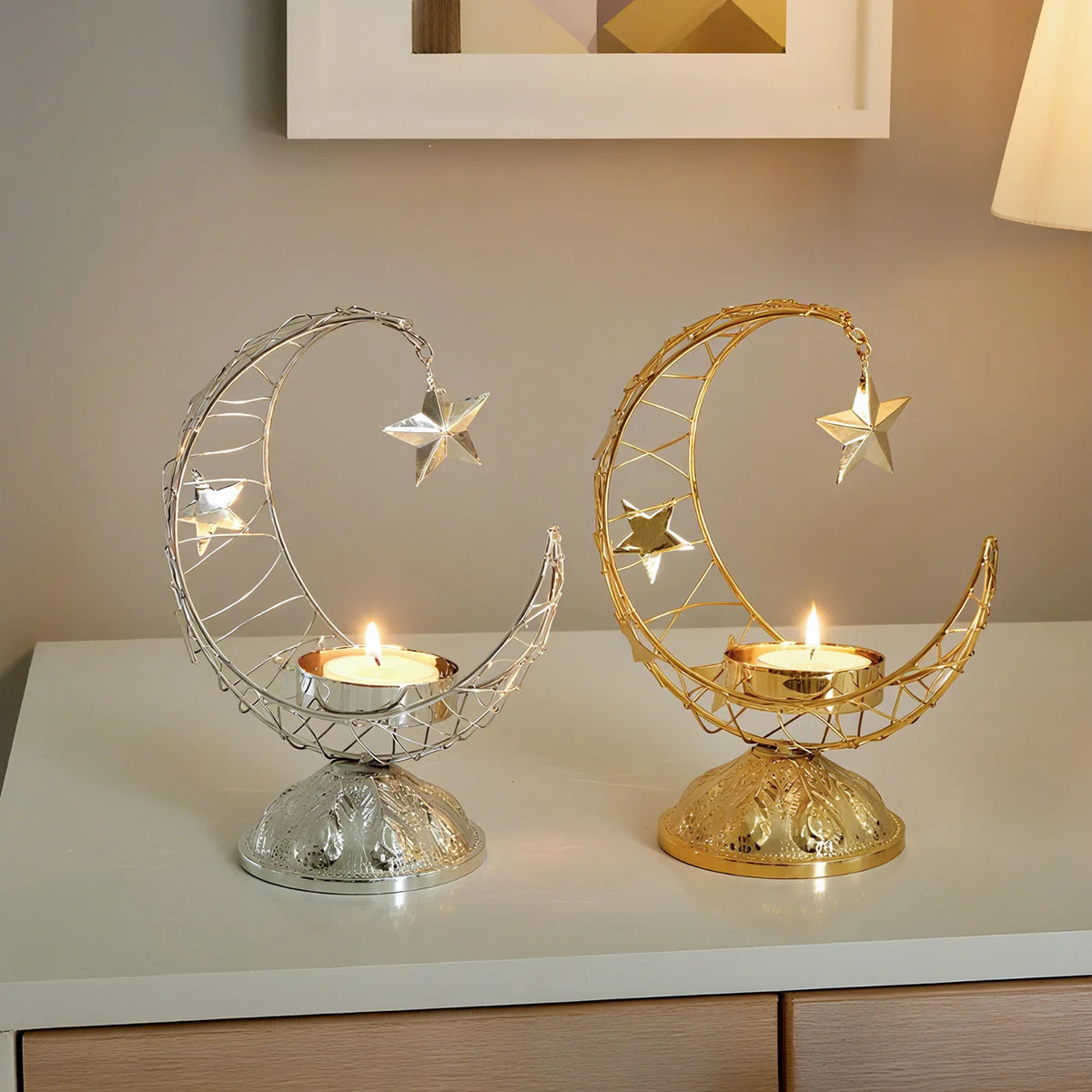 support bougie forme croissant lune argent doré noir ornements ajourés motifs géométriques artisanal décoration
