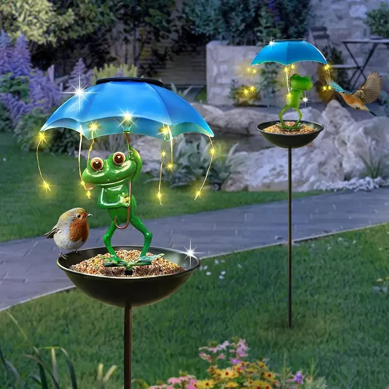 statue solaire grenouille oiseau mangeoire lumiere led exterieure decoration jardin moderne vert bleu noir