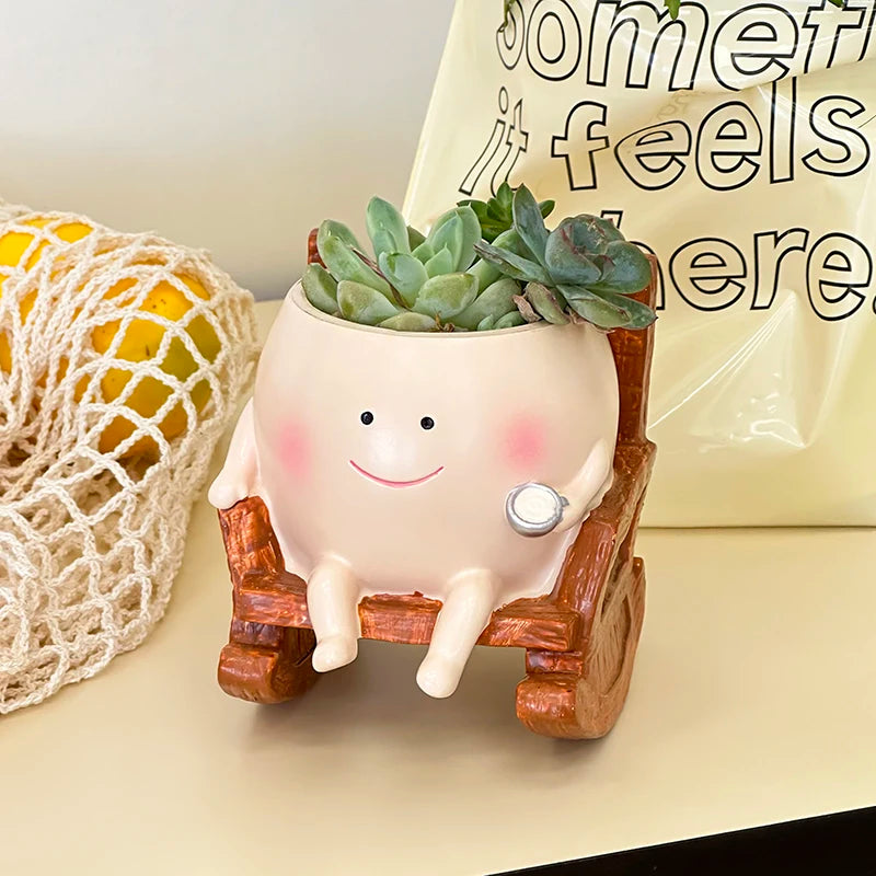 pot fleurs rocking chair mignon visage souriant plante succulente décoration maison fleuri vert resine