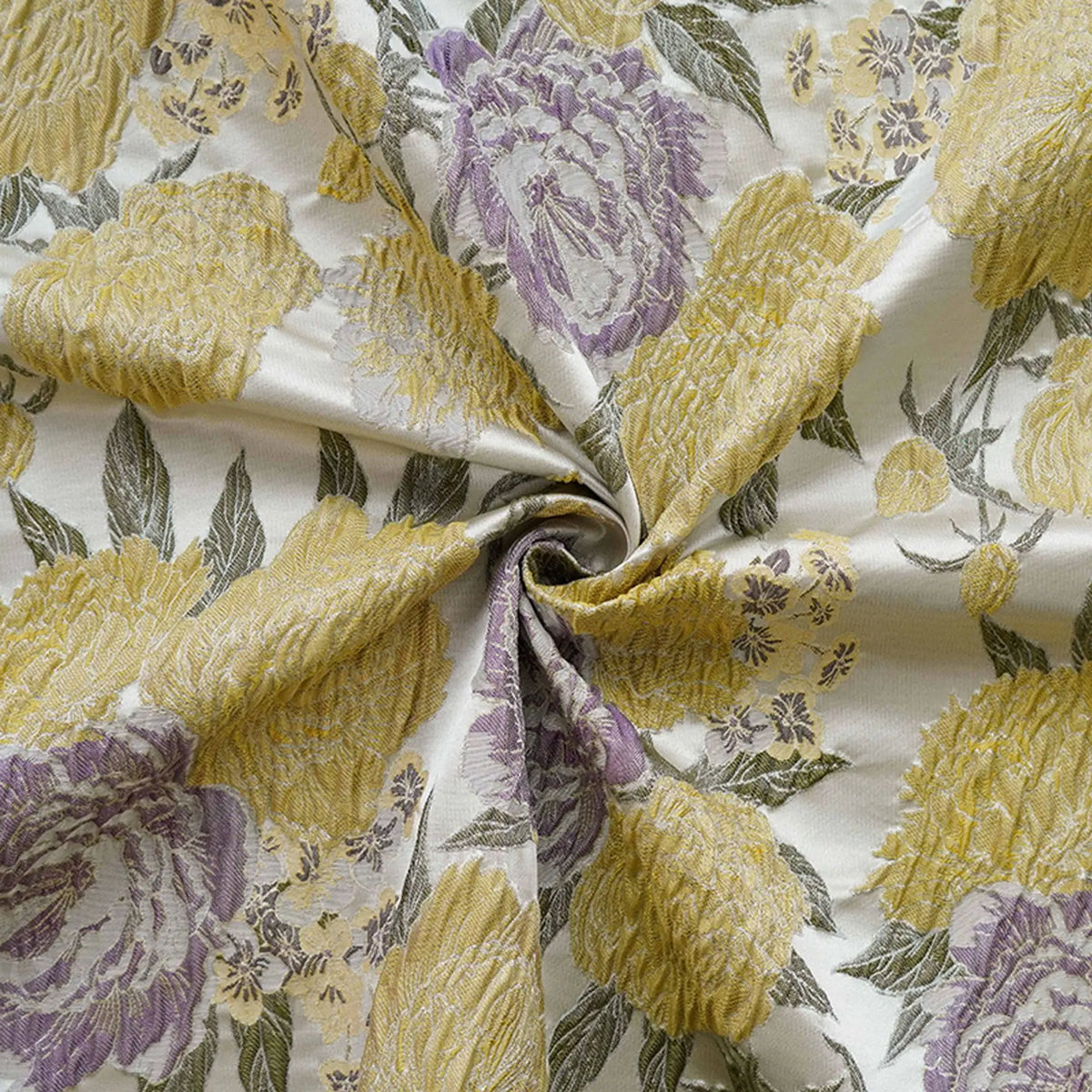 tissu brocart jaune violet floral résistant polyester 125cm largeur texturé vintage decoration interieur