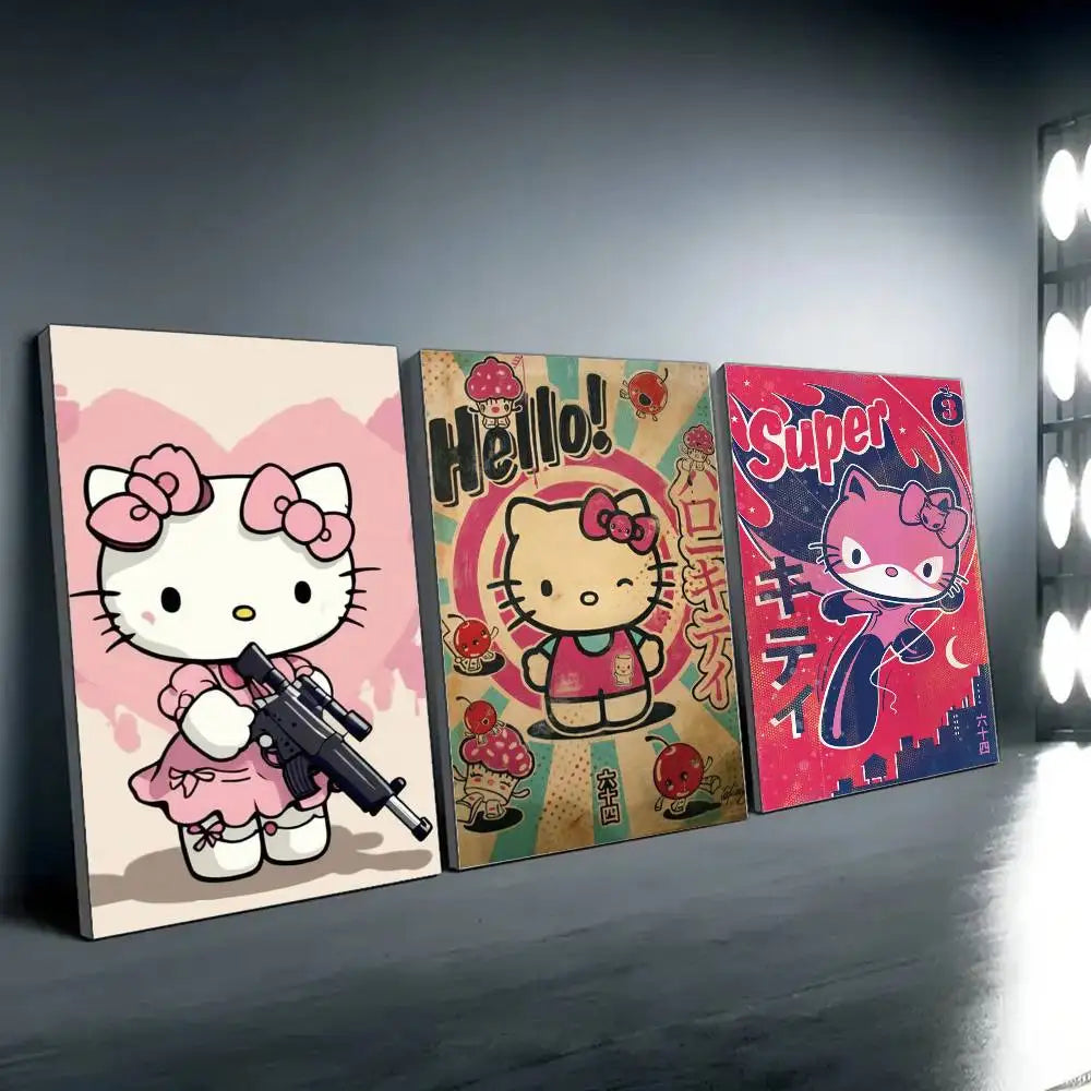affiche hello kitty dessin animé cadre bois décoration murale salon poster pop art