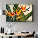 toile d'art moderne fleurs tropicales oiseau paradis abstrait vert orange bleu beige salon maisonDecoration