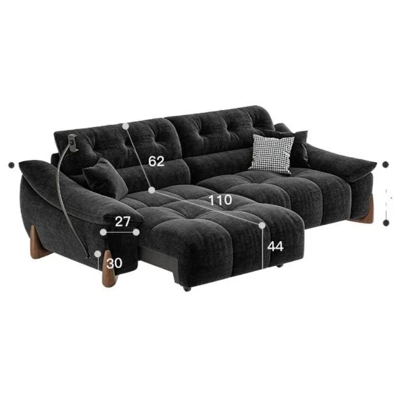 canapé d'angle noir velours moderne pieds bois coussins