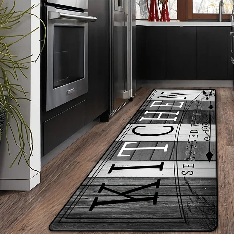 tapis cuisine imperméable anti dérapant lettres motifs floraux moderne gris blanc