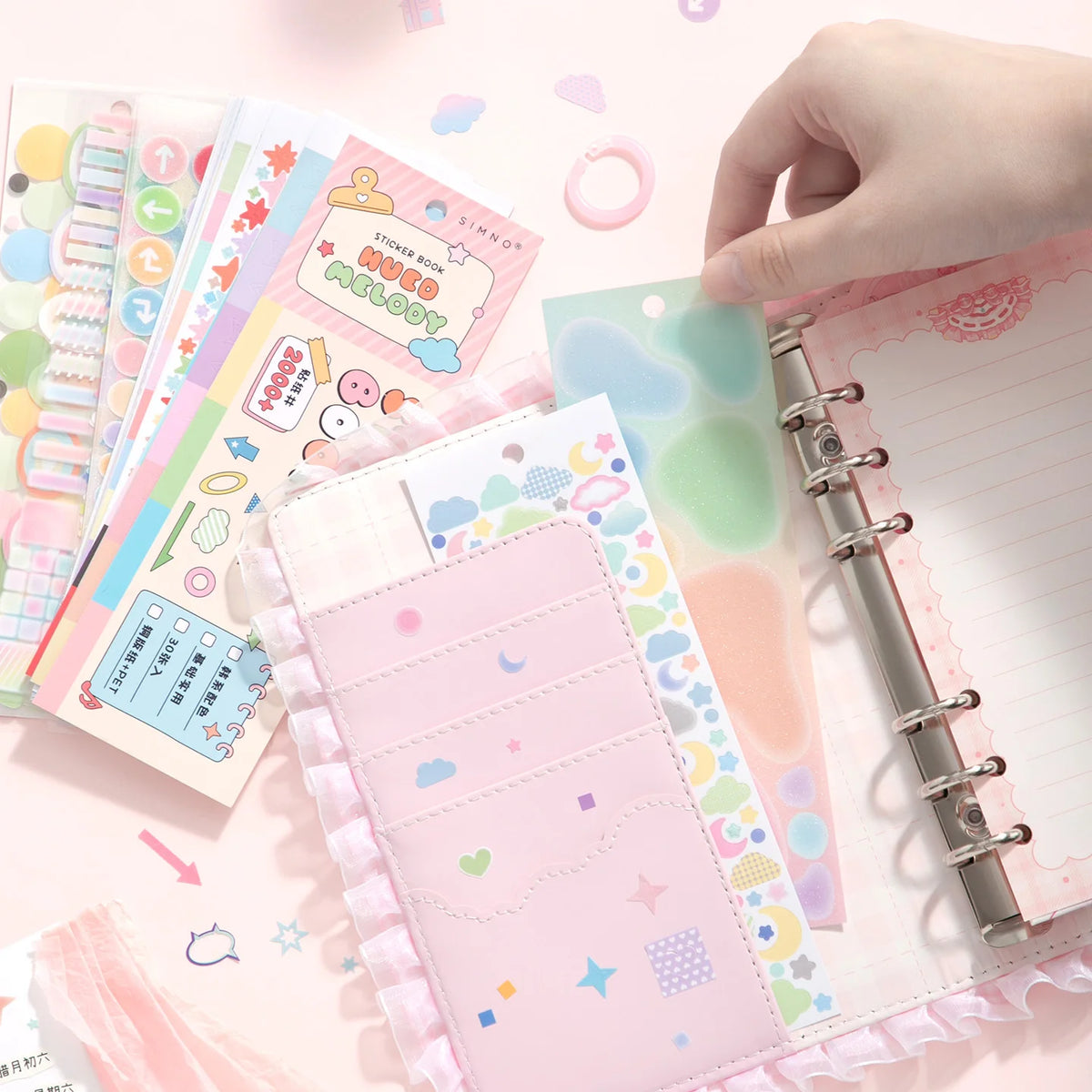 sticker livre pages stickers notes pochettes rangement anneaux métalliques motifs géométriques couleurs créatives mignonnels