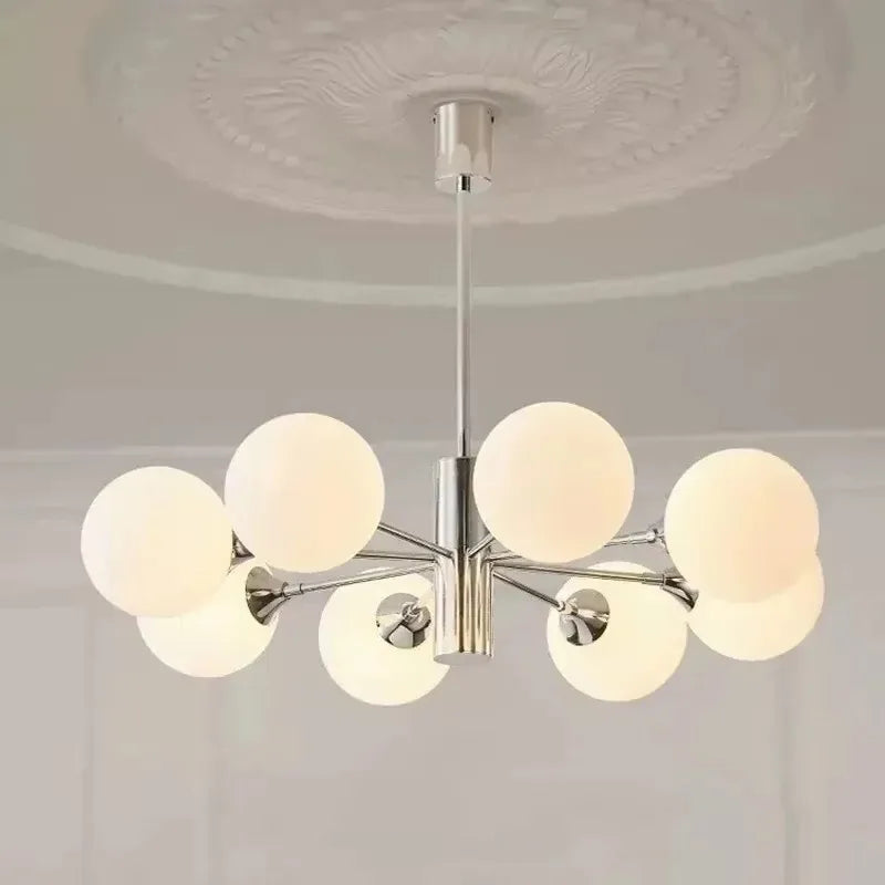 chandelier moderne minimaliste argenté blanc plusieurs têtes verre opalescent fixé réglable