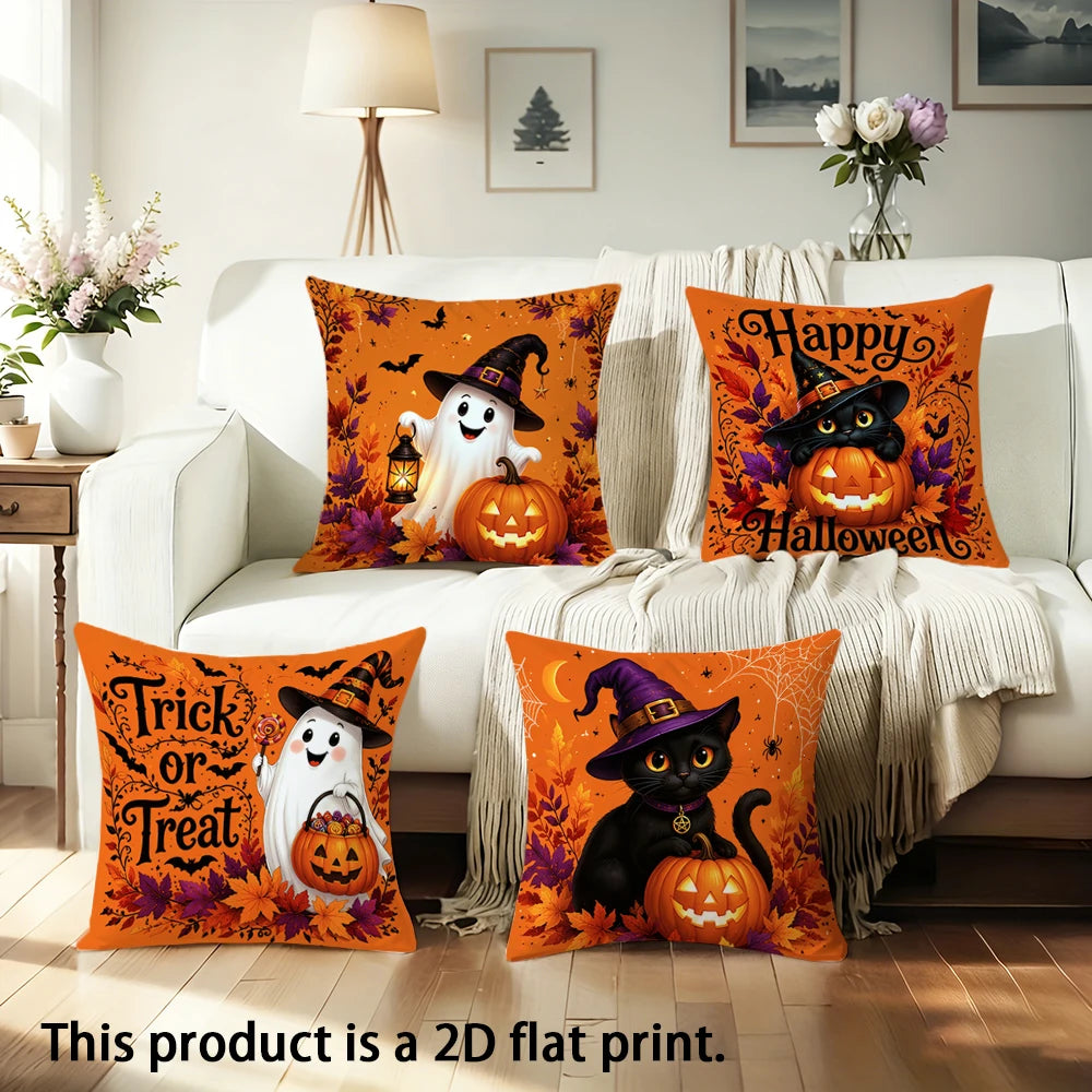 housse coussin motif halloween fantôme citrouille chat noir decoration saisonniere polyester opacité fixations