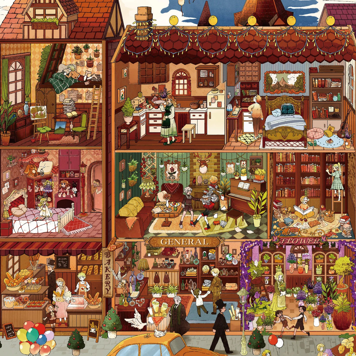 puzzle multicolore ville miniature scènes personnages bâtiments voitures artistique