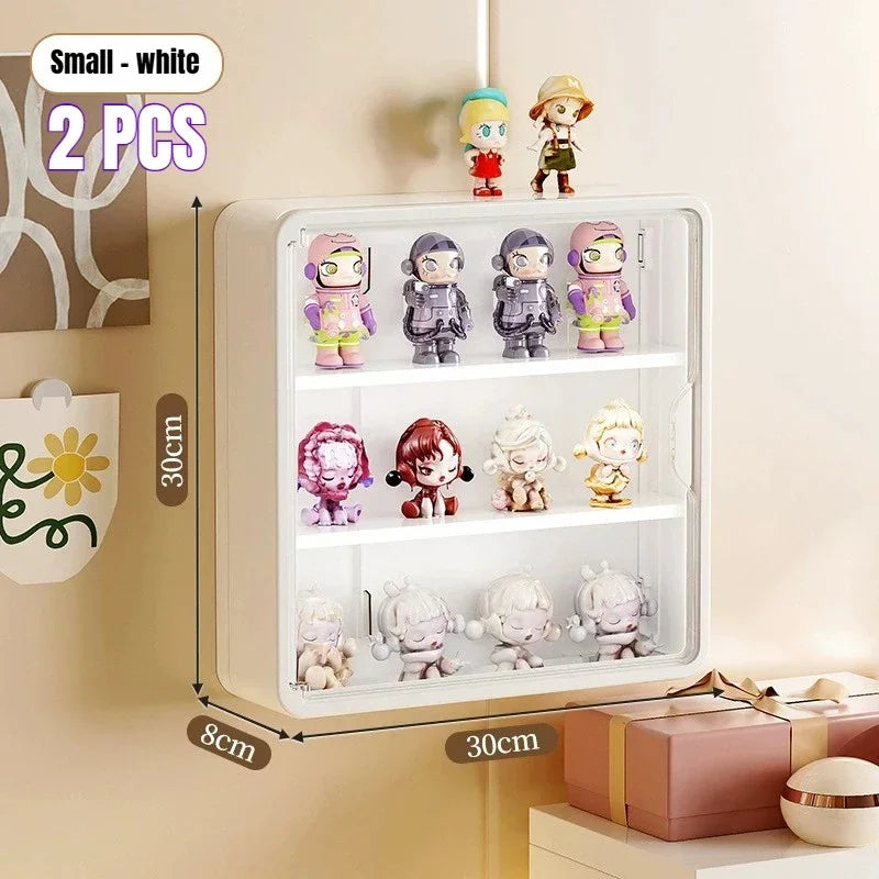 présentoir mural transparent moderne figurines blanc jaune violet anti poussière adhésif organisateur