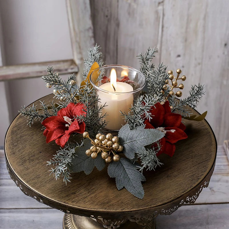 décoration intérieure bouquet fleurs artificielles bougie verre opalin rouge vert doré blanc hiver seasonal