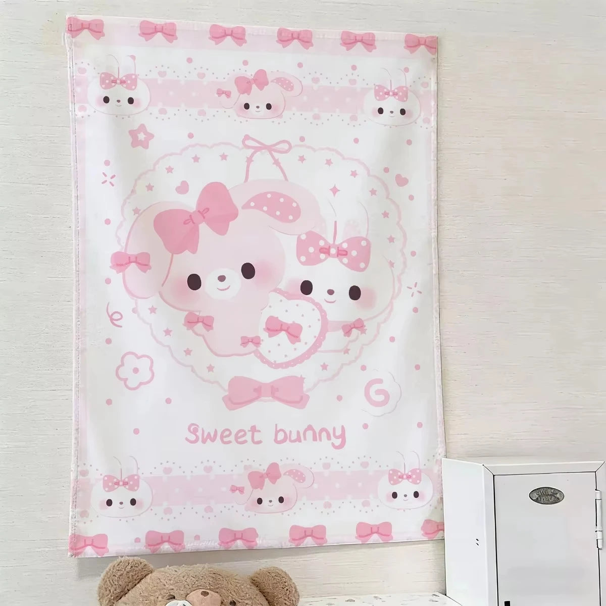 rideau kawaii enfant chien lapin rose blanc motifs étoiles points mignon décoratif chambre pastel