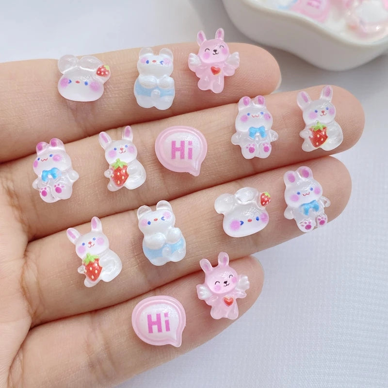 bijoux ongles lapins fraises coeurs rubans adhésif mignon enfantin blanc rose bleu rouge vert