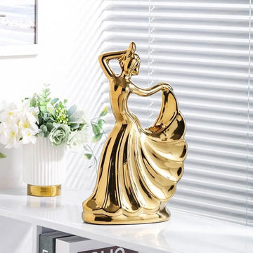 statue décorative femme dansante or argenté céramique email finition polie moderne élégante intérieur 22cm