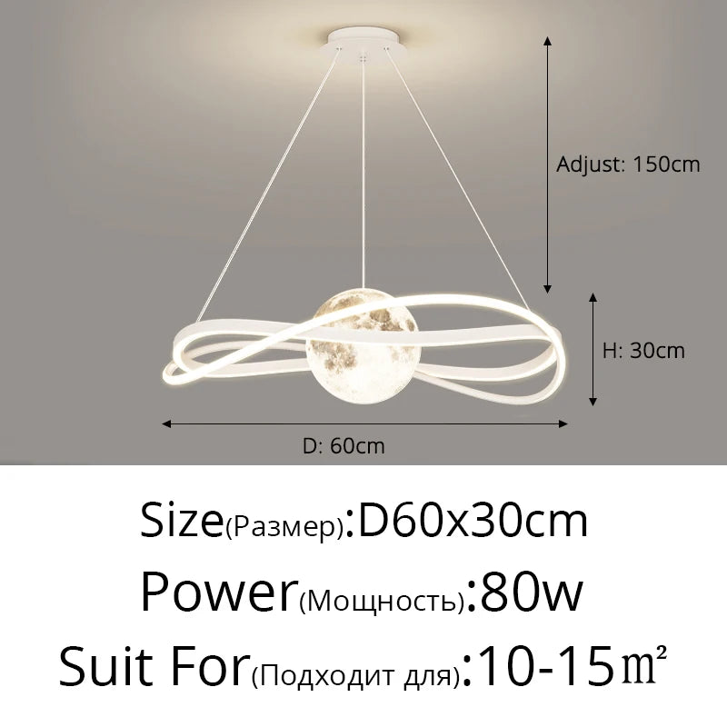 suspension lumineuse moderne minimaliste noir blanc anneau lune opale salle étude chambre