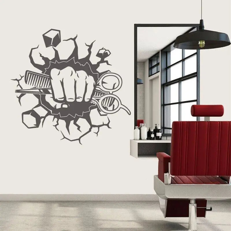 autocollant mural main outils coiffure peigne ciseaux cubes fond texturé fissures noir bleu graphique