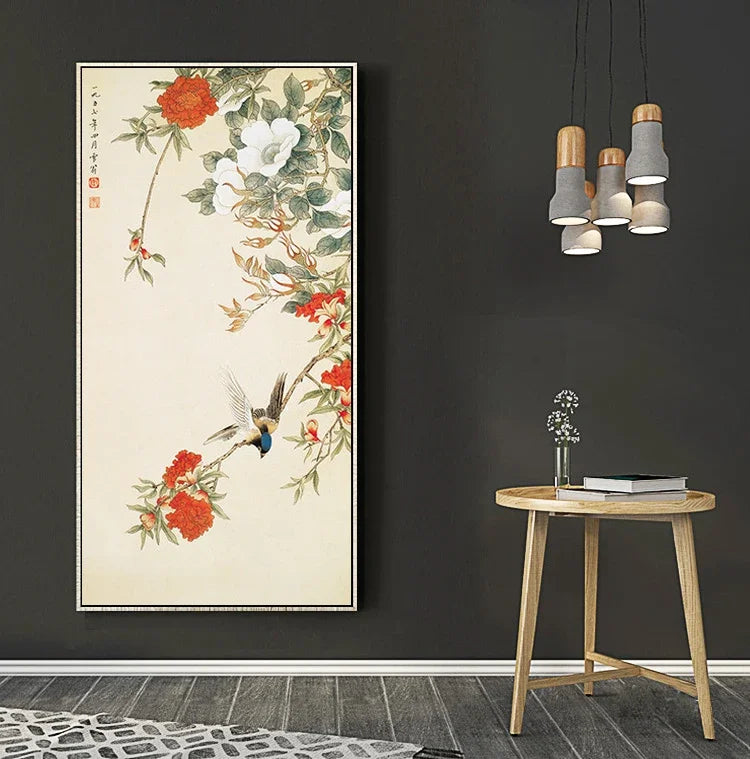 tableau peinture toile oiseaux fleurs prunier chinois décoration murale art traditionnel cadre
