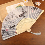 éventail pliant traditionnel papillons bambou fleurs tassel noir blanc gris