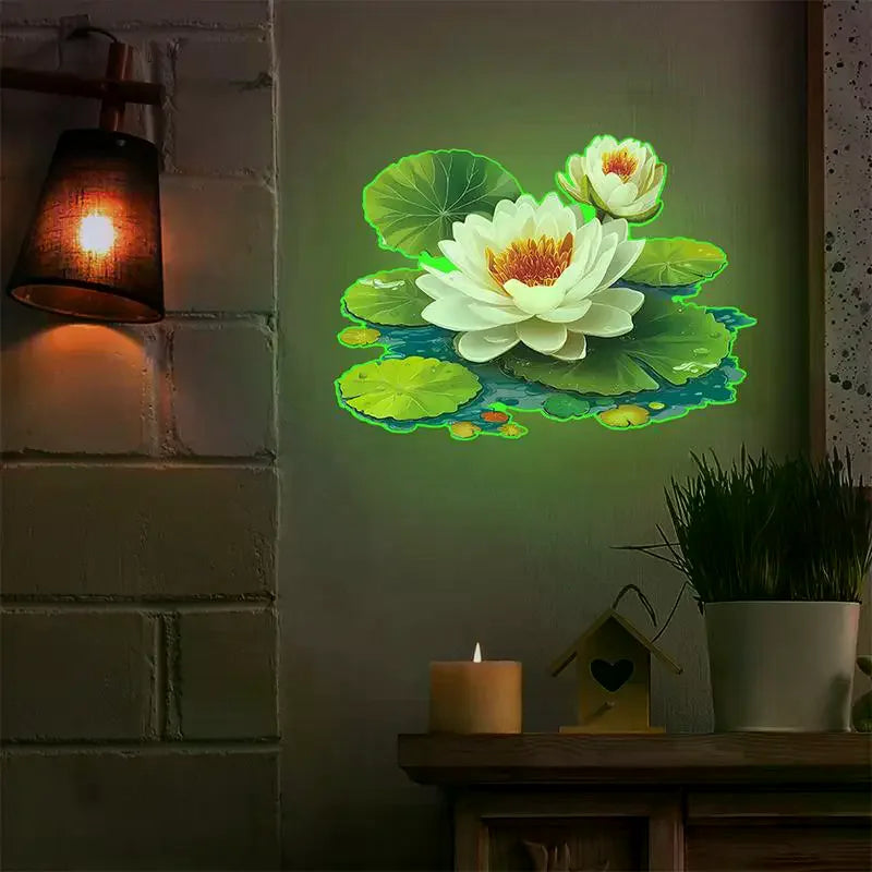 autocollant mural fleurs lotus feuilles nénuphar blanc vert jaune bleu réaliste adhésif chambre salon