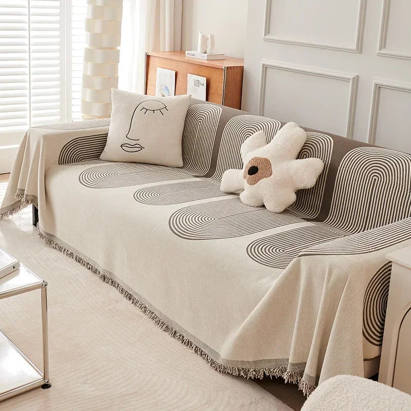 couverture canapé moderne motif géométrique beige gris oreiller décoratif