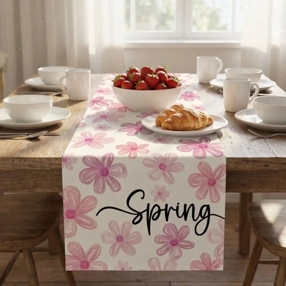 nappe runner floral printemps pâquerettes calligraphie couleurs vives décoration table saisonnelle bleu rose vert
