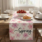 nappe runner floral printemps pâquerettes calligraphie couleurs vives décoration table saisonnelle bleu rose vert