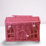 panier rangement osier motif maison fenêtres porte vintage bleu vert rose marron beige poignée