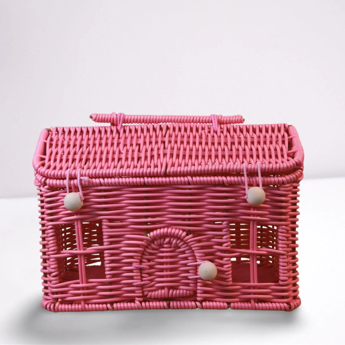 panier rangement osier motif maison fenêtres porte vintage bleu vert rose marron beige poignée
